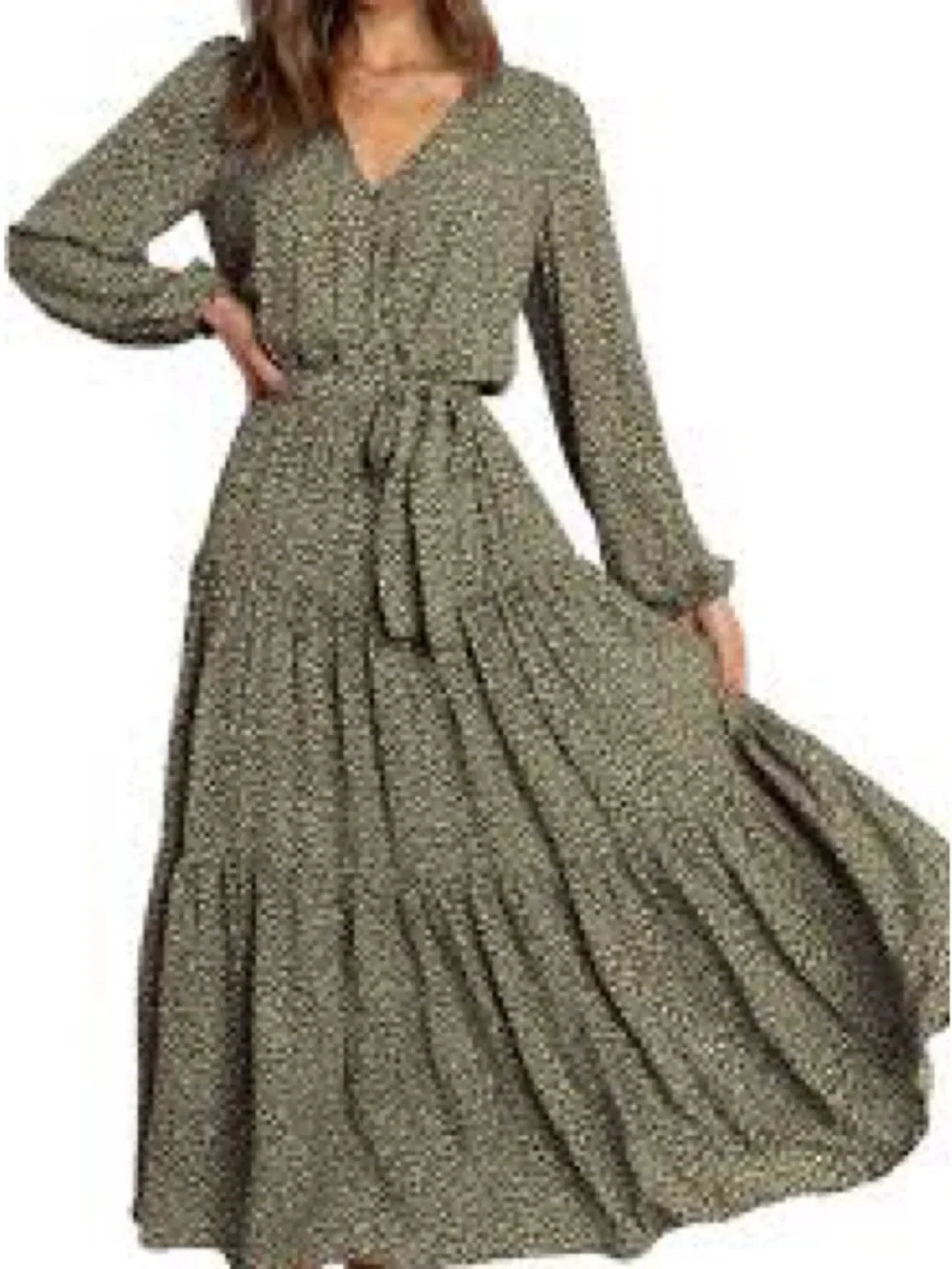 Long Sleeve Olive Floral Tiered Maxi Dress with V-Neck - Picture 2 of 9